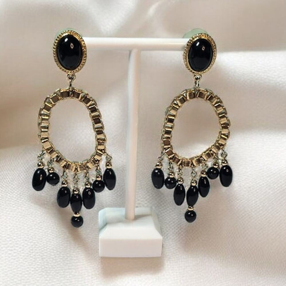 Black Gold Chandelier Earrings Art Deco Glam Gothic Elegance